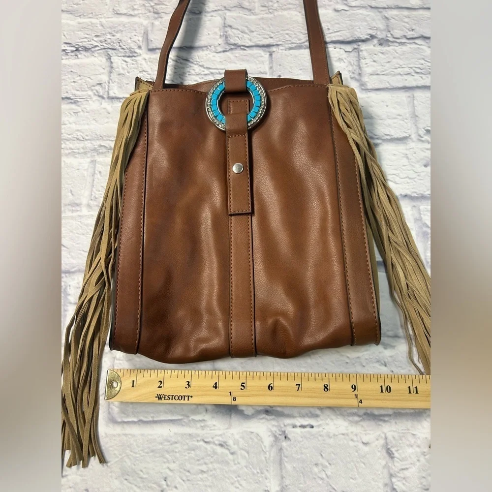 Coastal Cowgirl Brown and Tan Fringe Shoulder Bag w/Turquoise &Rhinestone Bling.